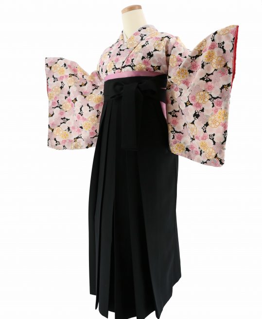 卒業式着物[ガーリー]黒にピンクとカラシの八重桜No.107
